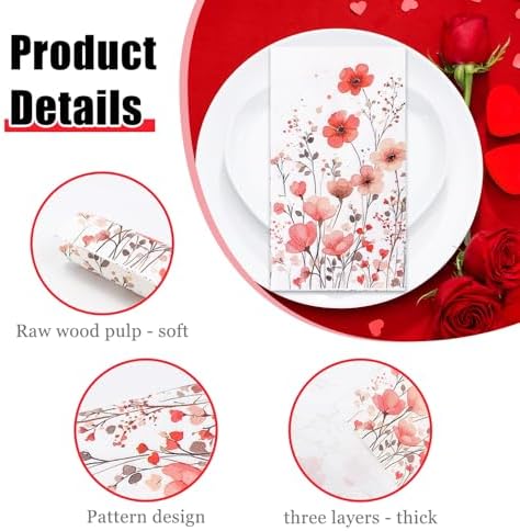 HEIPINIUYE 50 Pieces 3-ply Spring Floral Paper Napkins Red Flower Guest Napkins Disposable Hand Towels for Bathroom Wedding Birthday Valentines Party Dinner Napkins