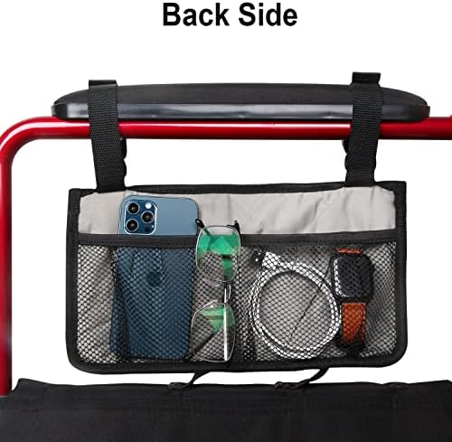 Wheelchair Side Bag, Armrest Storage Pouch with Cup Holder and Reflective Strip for Wheelchairs, Walkers or Rollators (Gray)