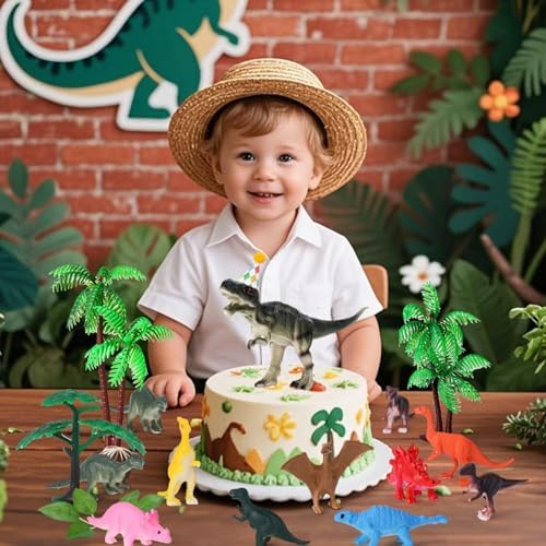 Dinosaur Cake Toppers, 25 Pcs Dino Cake Topper with Mini Hat Leaves Trees Cake Decorations for Birthday, Baby Shower, Jungle Safari, Wild Animals, Kids Dinosaur Themed Party Decorations Supplies