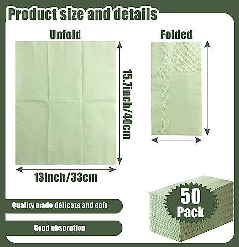 50 Pieces 3-ply Sage Green Napkins 13 x 15.7 Inches Guest Bathroom Napkins Dessert Napkins Disposable Hand Towels for Bathroom Wedding Birthday Party Paper Dinner Napkins