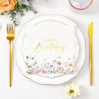 Crisky 3-Ply 50 Pcs Wildflower Floral Gold Foil Luncheon Happy Birthday Disposable Paper Napkins for Birthday Party Decoration