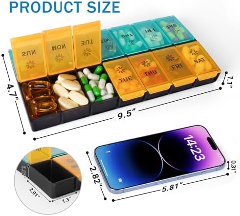 Mossime XL Large Daily Pill Organizer 2 Times a Day, Extra 7 Day Pill Box Am Pm, Weekly Day Night Vitamin Holder, Medicine Organizer, Big Pill Container, Medication Dispenser 14 Compartments