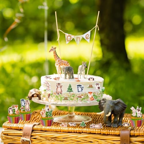 66PCS Edible Woodland Animal Cupcake Toppers Wafer Paper Woodland Theme Animal Cupcake Decoration Edible Bear Fox Squirrel Cake Decoration for Woodland Party Birthday Cake Decor