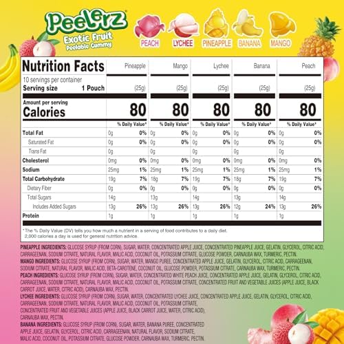AMOS Peelerz Exotic Fruit Peelable Gummy Candy – 5 Fruit Flavors (Mango, Peach, Banana, Pineapple, Lychee), 8.47oz (240g), Individually Wrapped