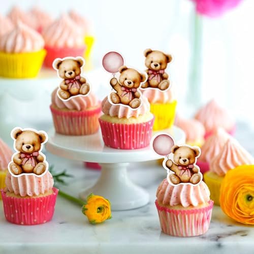 40PCS Edible Baby Shower Bear Cupcake Toppers Pink Balloon Bear Cupcake Picks Teddy Bears Drink Topper for Baby Shower Girls Pink Bearly Birthday Cupcake Decorations