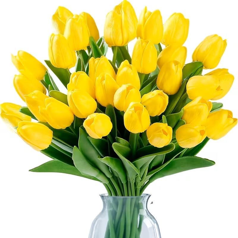 14 Pcs Tulips Artificial Flowers Faux Tulip Stems Real Feel PU Tulips Easter Spring Wedding Bouquet Centerpiece Floral Arrangement Cemetery Table Décor-Yellow
