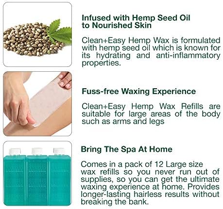 Clean + Easy Hemp Roll On Wax – Large Soft Wax Refill Cartridge for Hair Removal on for Legs, Arms & Body, 12 Pack