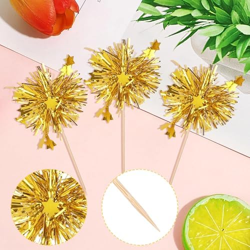 Rsstarxi 30 Pack Foil Firework Cupcake Toppers Gold Happy Birthday Cupcake Toppers Sparkle Tinsel Drink Stirrers Cocktail Toothpicks for New Years Eve Wedding Christmas Party Cake Decorations