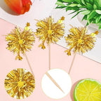 Rsstarxi 30 Pack Foil Firework Cupcake Toppers Gold Happy Birthday Cupcake Toppers Sparkle Tinsel Drink Stirrers Cocktail Toothpicks for New Years Eve Wedding Christmas Party Cake Decorations