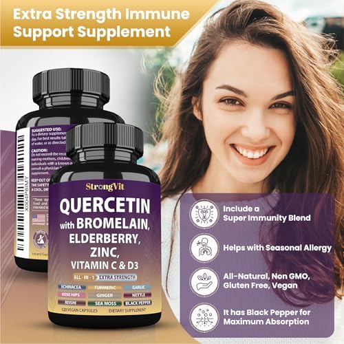 StrongVit Quercetin with Bromelain, Elderberry, Vitamin C, D3 and Zinc. Super Immune Support Supplement. Organic Complex for Men & Women, Non-GMO, Gluten-Free, Vegan, USA (120 Capsules)