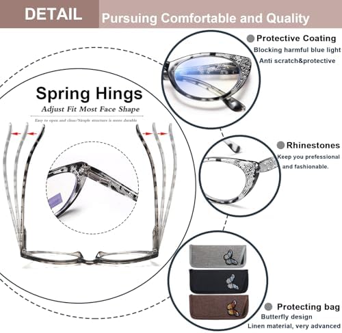EYEURL 3-Pack Cat Eye Reading Glasses for Women Blue Light Blocking Computer Readers with Rhinestones Anti UV Rays Eyeglasses with Spring Hinges 2.50