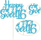 Gyufise 1Pc Happy Sweet 16 Cake Topper Glitter 16th Birthday Cake Pick for Cheers to 16 Years Old 16th Birthday Party Cake Decorations Supplies Light Blue