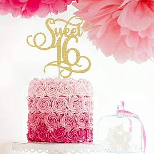 Sweet 16 Cake Topper - Gold Glitter 16th Birthday Party Decorations Supplies - Cheers to 16 Years, 16th Wedding Anniversary/Friendship Anniversary Party Cake Decor