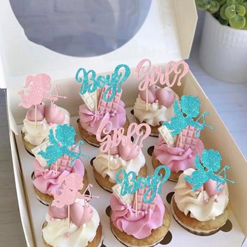 Rsstarxi 24 Pack Valentine's Day Gender Reveal Cupcake Toppers Glitter Boy or Girl Cupcake Toppers Pink or Blue Valentines Cupid Cupcake Picks for Baby Shower Gender Reveal Party Cake Decorations