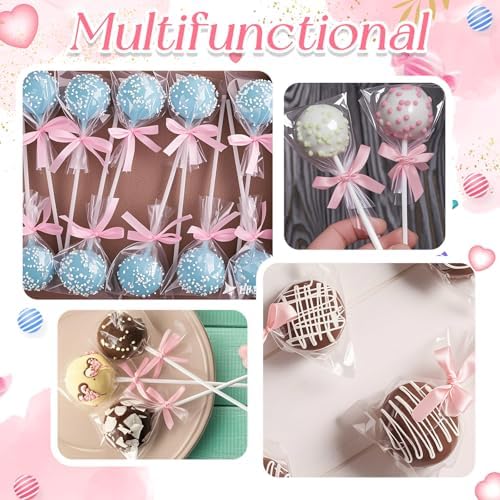 Honoson 50 Sets Cake Pop Sticks and Wrappers Kit with Clear Cake Pop Bags, 6 Inch Paper Lollipop Sticks and Bows for Cakepops, Candy and Chocolate, Mother's Day, Wedding and Party Favors (Pink)