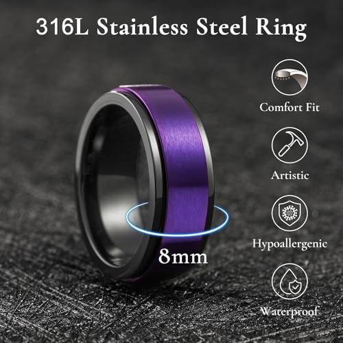 King Will 316L Stainless Steel Spinner Ring for Men Women-8mm Black/Silver/Gold Stress Anxiety Relief Fidget Ring Multiple Styles Wedding Band Comfort Fit Size 4-16