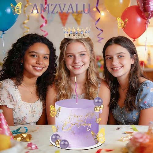 AMZVALU Crown Cake Topper, Purple & Gold Crown Balls Happy Birthday Cake Toppers Candles Butterfly, Corona Para Pastel, Crown Cake Decorations for Women Queen Princess (Gold, Moonlight Purple)