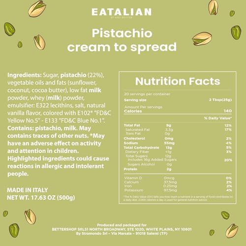 EATALIAN by AMZ BETTER Pistachio Cream, 17.63 oz/500 gr, Delicious Spreadable Cream with Sweet and Unique Taste, Perfect with Ice Creams, for Filling Cakes and Dubai Chocolate, Made in Italy