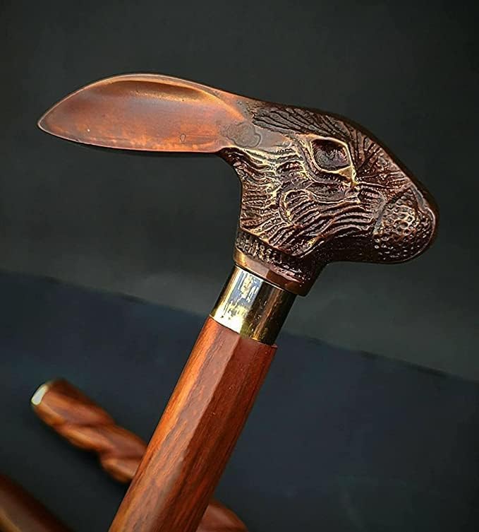Copper Antique Bunny Head Handle Metal Jackrabbits Foldable Brass Handle Victorian Wooden Walking Stick Cane Ideal Vintage Gift Men Women Father/Mother