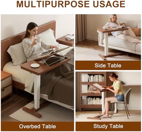 Solid Wood Overbed Bedside Table with Wheels, Adjustable Medical Tilt Top Hospital Bed Table Over The Bed, Rolling Laptop Desk, Mobile Standing Desk for Hospital and Home Use (Walnut)