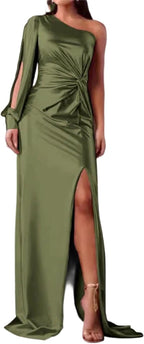 Women Elegant Solid Color Satin Dress Summer Sexy High-Waist Long Slit Hem Design Party Prom Evening Clothes