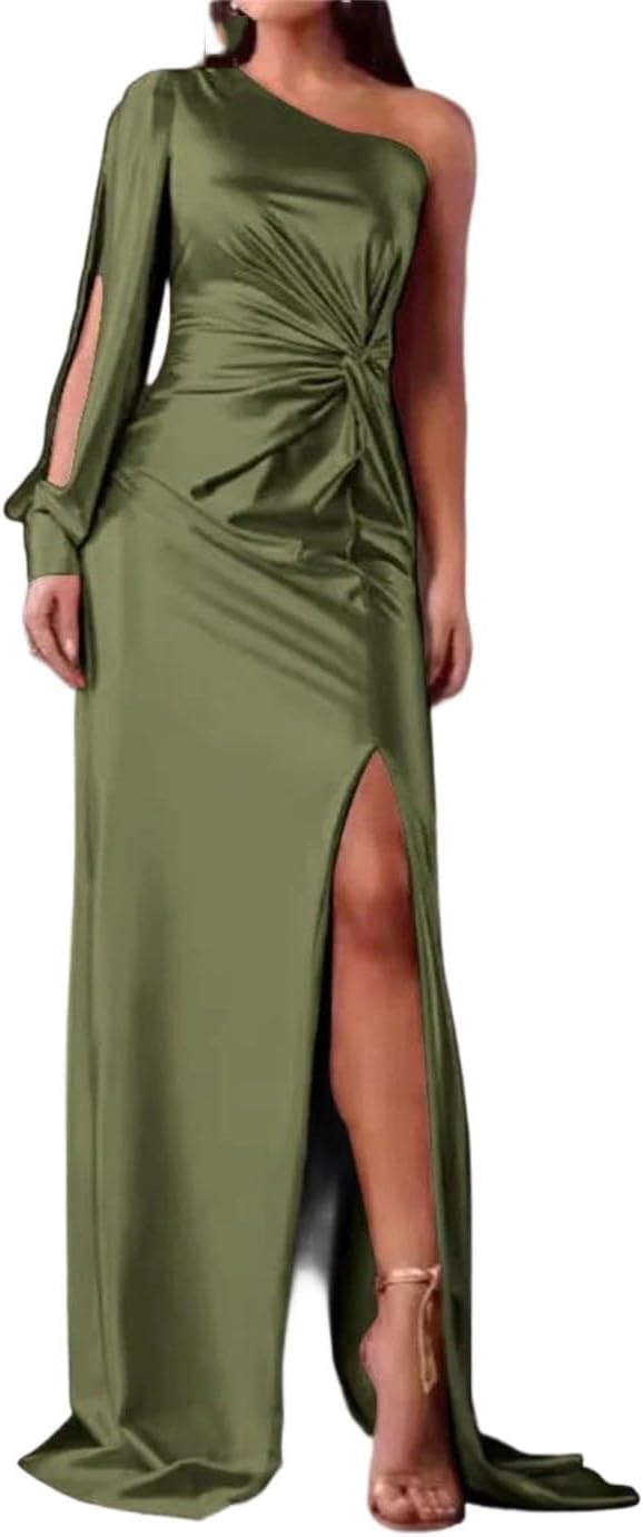 Women Elegant Solid Color Satin Dress Summer Sexy High-Waist Long Slit Hem Design Party Prom Evening Clothes