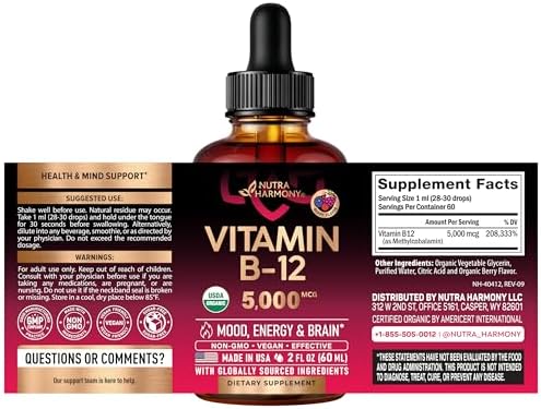 USDA Organic Vitamin B12 Sublingual Drops - 5000 mcg Liquid Vegan Methylcobalamin for Women & Men - Energy Boost, Focus & Mood, Brain Health Support - Maximize Absorption - 2 Month Supply, 2 fl oz