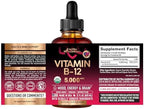 USDA Organic Vitamin B12 Sublingual Drops - 5000 mcg Liquid Vegan Methylcobalamin for Women & Men - Energy Boost, Focus & Mood, Brain Health Support - Maximize Absorption - 2 Month Supply, 2 fl oz