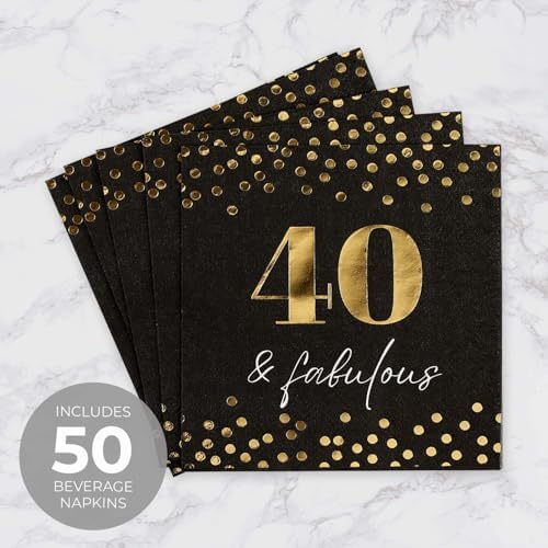 Masterpiece 40 And Fabulous Beverage Napkins / 50 Black 40th Birthday Cocktail Napkins With Shiny Gold Foil Accents / 4 3/4" x 4 3/4" Square Modern Confetti 3 Ply Party Napkin