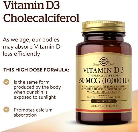 Solgar Vitamin D3 Cholecalciferol 250 MCG 10000 IU Softgels Helps Maintain Healthy Bones Teeth Immune System Support Non-GMO Gluten, Dairy Free Servings, 180 Count