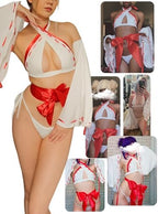 paloli Women Japanese Anime Miko Cosplay Outfit, Red And White Kimono Bra And Panty Set Witch Cosplay Costume