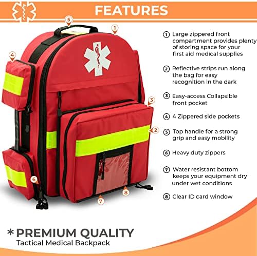 NOVAMEDIC First Aid Empty EMT Tactical Backpack Bag ,17"x6"x9", for Emergency and First Responder Trauma Treatment Oxygen O2 Tank and Medical Supplies Back Pack, Red