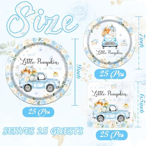 Little Pumpkin Paper Plates and Napkin Pumpkin Baby Shower Party Decorations for Boy A Little Sweet Pumpkin is On The Way Blue Floral Truck Disposable Tableware Party Supplies Favor for 25 Guests