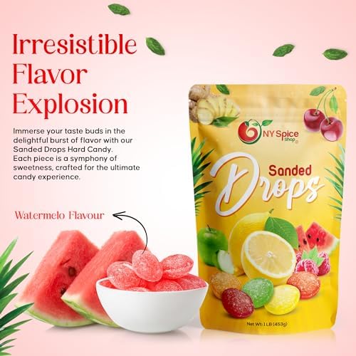 NY SPICE SHOP Watermelon Sanded Candy Drops - 1 Pound Old Fashioned Sanded Drops - Fresh Delicious Bulk Candy - Sanded Hard Candy - Sour Drops Candy - Tangy and Sweet Healthy Snacks