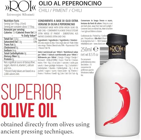 ROI Chili Infused Olive Oil - 100% Natural Flavored Italian Gourmet Extra Virgin Olive Oil Made in Italy, Cold Pressed with Real Chili Peppers, 8.45 fl oz (250 ml)