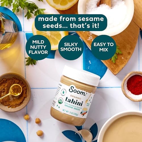 Soom Foods Organic Tahini 11oz (1 Pack) | Roasted & Ground Sesame Seed Paste | Creamy Tahini for Dubai Chocolate, Hummus, Sauces | Vegan, Nut-Free, Gluten-Free, Kosher, Keto, Paleo, Whole30