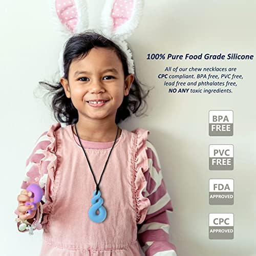 Chew Necklace for Boys and Girls, Silicone Chewy Necklace Sensory Toys for Kids Teardrop Twist Pendants, Chewing Toys for Autism or Oral Motor Special Needs BPA Free - 4 PCS Set