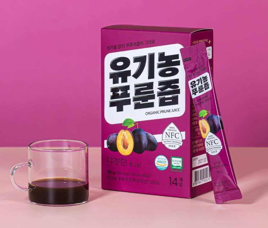 Organic Prune Juice, 100% Pure NFC Juice, 280g (9.87oz), 20g x 14pcs (Single-Serve Stick Packets), Dajeongheon 다정헌 유기농푸룬즙