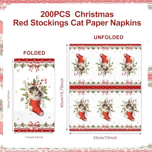 Lokigo 200 Pcs Disposable Guest Napkins Christmas Red Stockings Cat 2 Ply Decorative Dinner Paper Hand Towels Xmas Winter Cocktail Guest Hand Napkins for Party Holiday Bathroom (Cat)