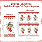 Lokigo 200 Pcs Disposable Guest Napkins Christmas Red Stockings Cat 2 Ply Decorative Dinner Paper Hand Towels Xmas Winter Cocktail Guest Hand Napkins for Party Holiday Bathroom (Cat)