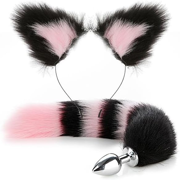 Wolf Fox Furry Tail Plug and Ears Headband Animal Costume Fancy Dress Halloween Adjustable Faux Fur Tail and Ears