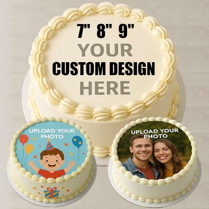 CUSTOM EDIBLE PHOTO CAKE TOPPER: Make Your Celebration Truly One-Of-A-Kind! Upload Your Photos for an Eye-Catching, Personalized Topper. Add a Burn-Away Topper or Photo Cup. 5", 6", 7", 8", or 9" rnd