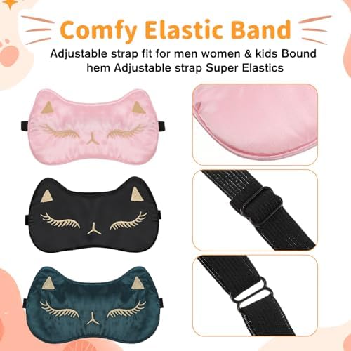 3Pcs Sleep Mask for Kids Cute Cat Sleep Mask for Kids, Silk Sleeping Eye Cover Adjustable Masks Funny Animal Night Eyeshade Cover Soft Comfortable for Women Men Sleeping Travel Nap Party Supplies