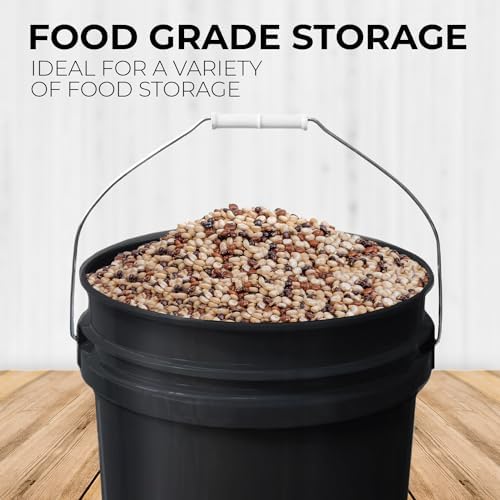 5-Gallon Black Bucket Pail with Gamma Seal Screw on Airtight Lid, Metal Handles with Plastic Grip for Easy Carrying, Easy Stack and Store, Heavy-Duty 90MIL Extra Durable, Food Grade, BPA Free - 3 Pack