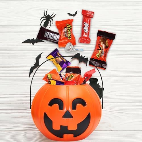 Halloween Candy Gift Basket for Kids and Adults - Trick or Treat Pumpkin Bucket Filled Assorted Halloween Chocolate Candy Sweets Great Care Package Gift Basket for College Students, 20 Oz