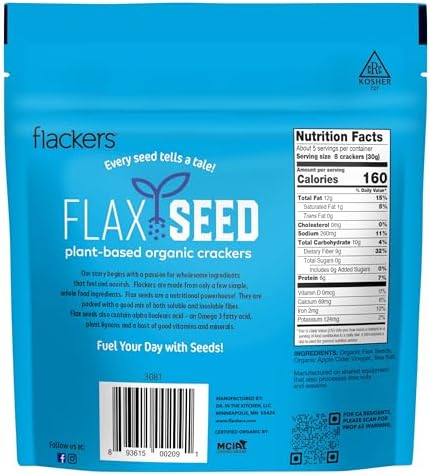Flackers Organic Sea Salt Flaxseed Crackers, 5 Ounce 4-Pack, Gluten Free, Non GMO, Vegan, Keto Snack, 9g Fiber, 1g Net Carb
