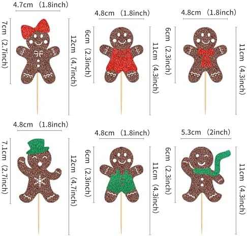 Ercadio 24 Pack Christmas Gingerbread Cupcake Toppers Glitter Cupcake Picks Xmas Cake Decor for Christmas Theme Baby Shower Party Supplies