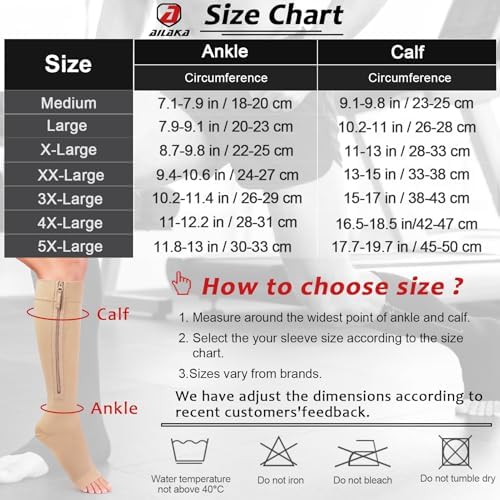 Ailaka Zipper Compression Socks for Women Men, 20-30 mmHg Open Toe Compression Socks Knee High, Ted Hose Compression Stockings for Edema, Varicose Veins