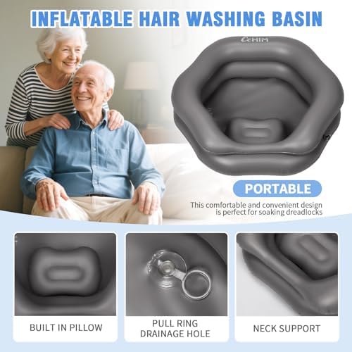Inflatable Shampoo Basin, Portable Hair Washing Bowl with 360° Neck Support, Leak-Proof PVC Bedside Shampoo Tray for Bedridden Elderly Disabled Pregnant Post-Surgical Care(Grey)
