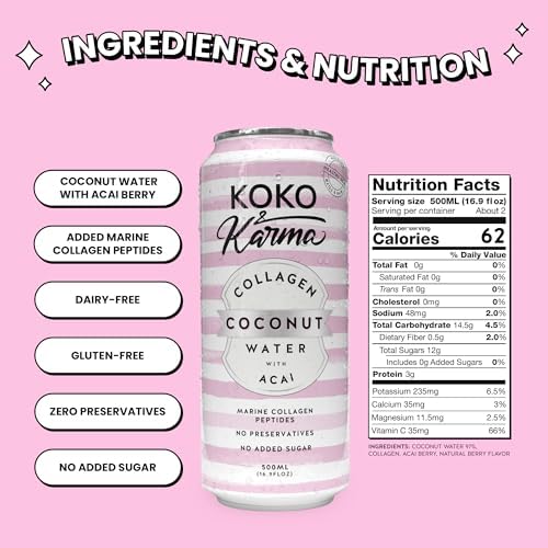 Koko & Karma - Collagen Coconut Water with Acai - Marine Collagen Peptides with No Preservatives and No Added Sugar - 12 Pack - 16.9 Ounce Cans